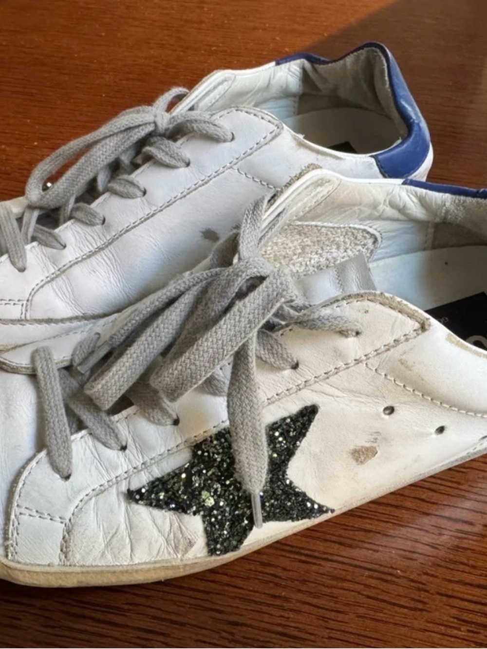 Kids White Leather Sneakers with Black Glitter Star